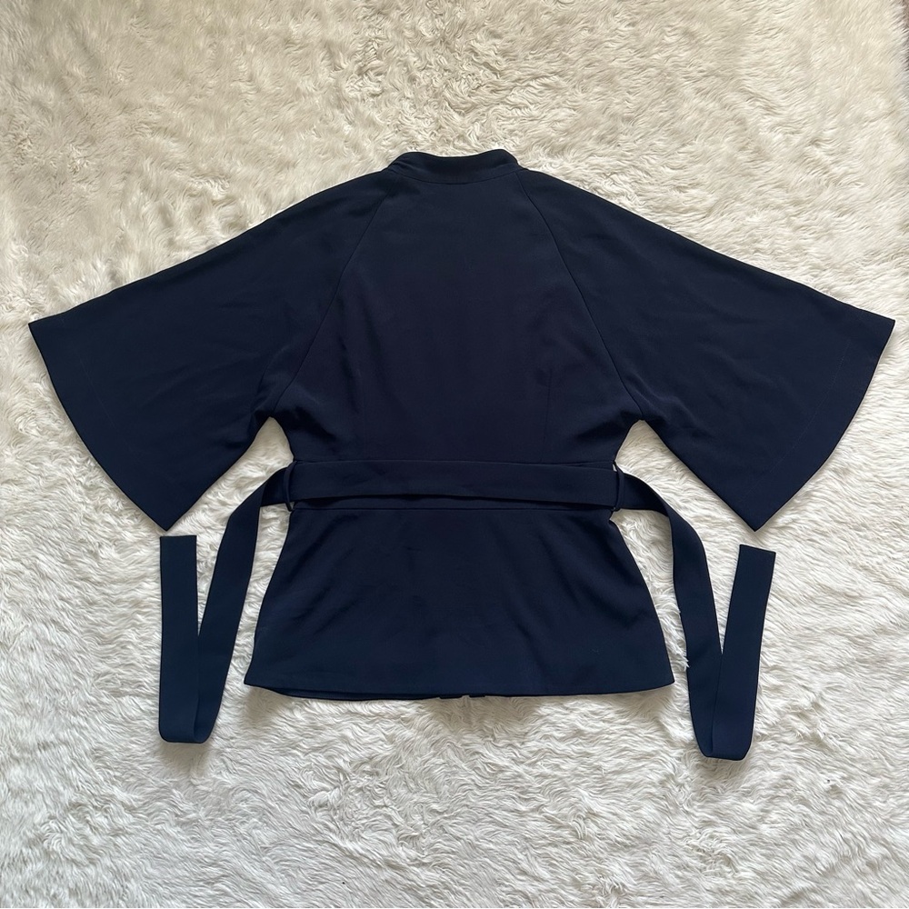 The Fold London Clever Crepe Kimono Jacket Short Sleeve Tie Waist Navy Sz 8 - Picture 3 of 12